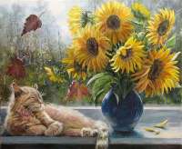 Без бренда «Подсолнухи в синей вазе возле кота» в Саратове в интернет-магазине  Без бренда «Подсолнухи в синей вазе возле кота» в Саратове