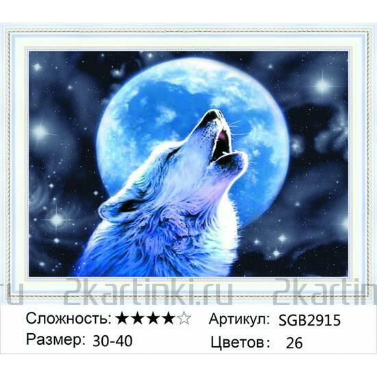Алмазная мозаика 30x40 Белый волк на фоне полной луны