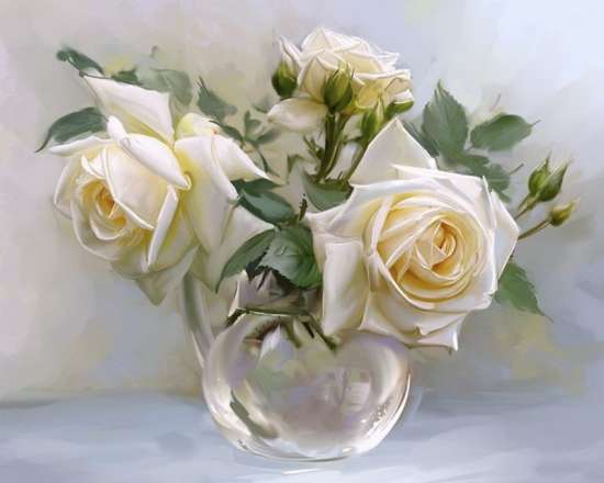 Алмазная мозаика 40x50 Три белые розы в прозрачной вазочке