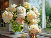 Без бренда «Ваза с букетом белых пионов у окна» в Саратове