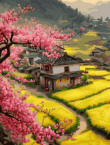 Старые домики и цветущая сакура