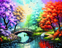 Разноцветные деревья возле мостика и реки