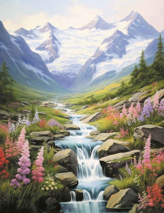 Алмазная мозаика 40x50 Цветочные берега у горного ручейка