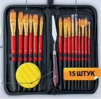 Без бренда «Коробка 50 шт.: Набор кистей для рисования в чехле, премиум набор (15 нейлоновых кистей, 1 мастихин) красные» в Саратове