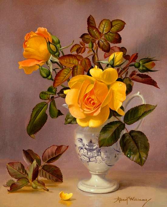 Картина по номерам 40x50 Белый кувшинчик с желтыми розами