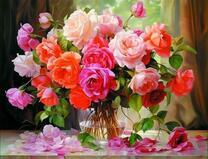 Букет ярких роз в прозрачной вазе